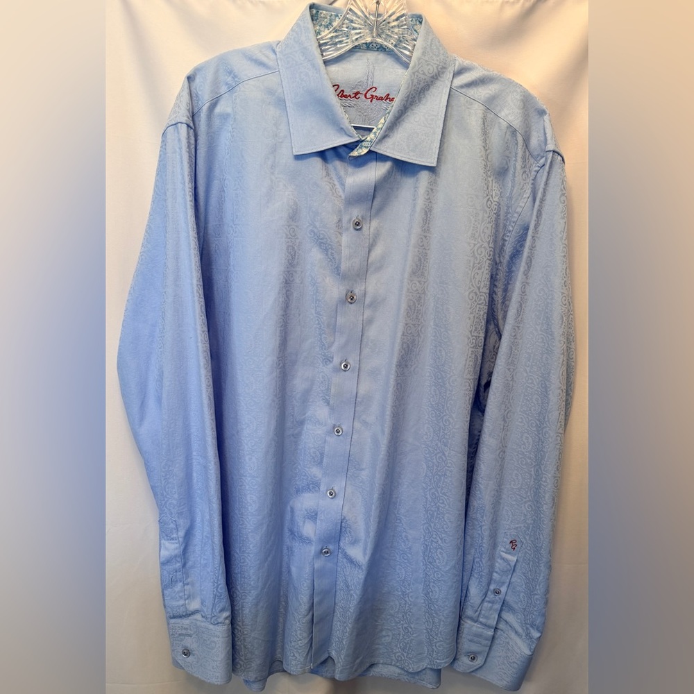 Robert Graham Size XL Light Blue Paisley Print Dress Shirt Flip Cuff Embroidered